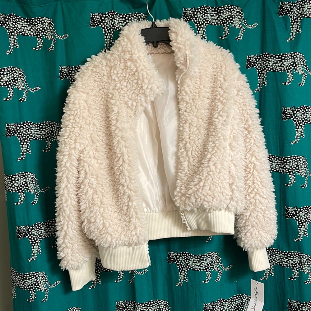 Cream fuzzy bomber coat